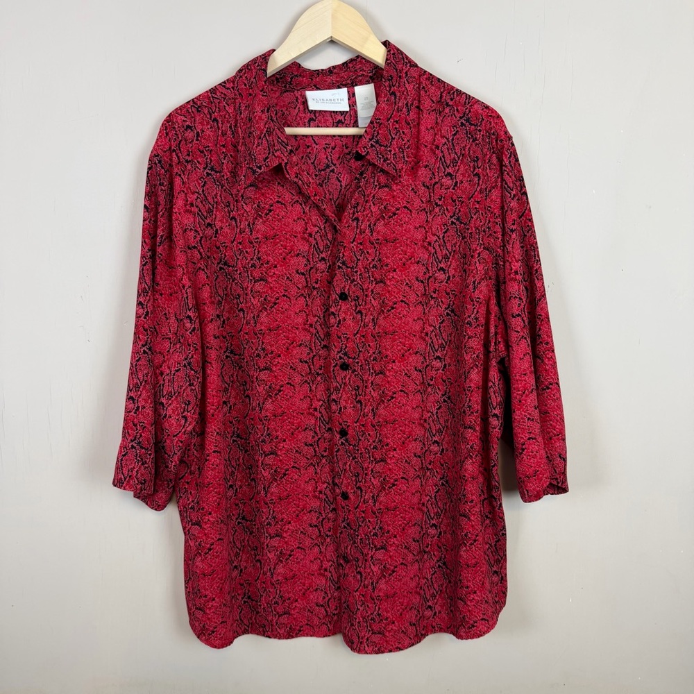 Liz Claiborne Top 20 Red Black Python Print Button Up Shirt 3/4 Sleeve Casual